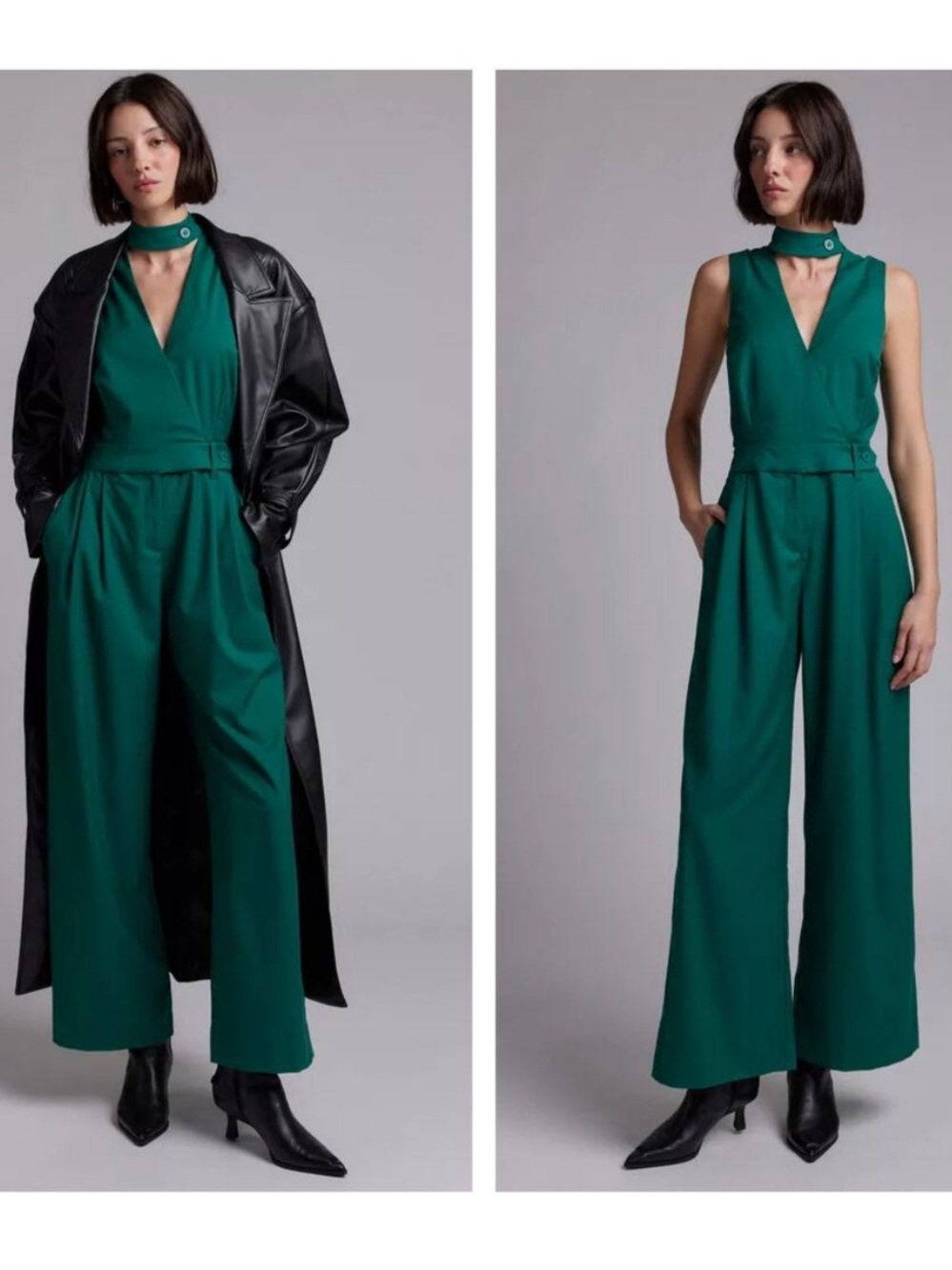 Wildfang empower v neck jumpsuit Kelly green fall wide leg pleated size 6